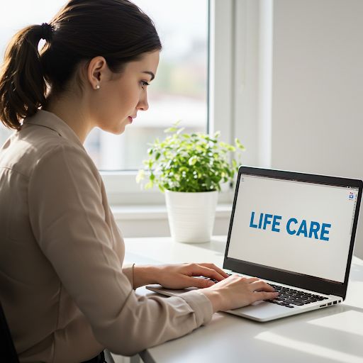 O tânără profesionistă lucrează la laptopul ei, afișând cu mândrie logo-ul Life Care, simbolizând oportunitatea de a construi o afacere de succes în domeniul produselor bio și naturale.