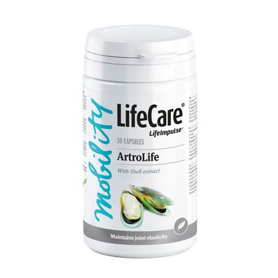 imaginea prezinta un tub de artrolife Life Care si are desenata o imagine a unor scoici verzi bio.