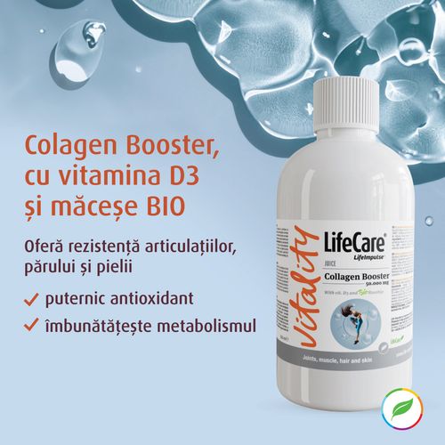 imaginea prezinta Colagen Booster Life Care, pe un fond albastru cu apa.