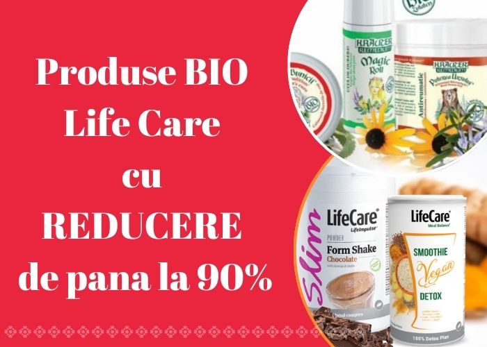 Imaginea prezintă o ofertă promoțională pentru produse BIO Life Care, cu reduceri de până la 90%.